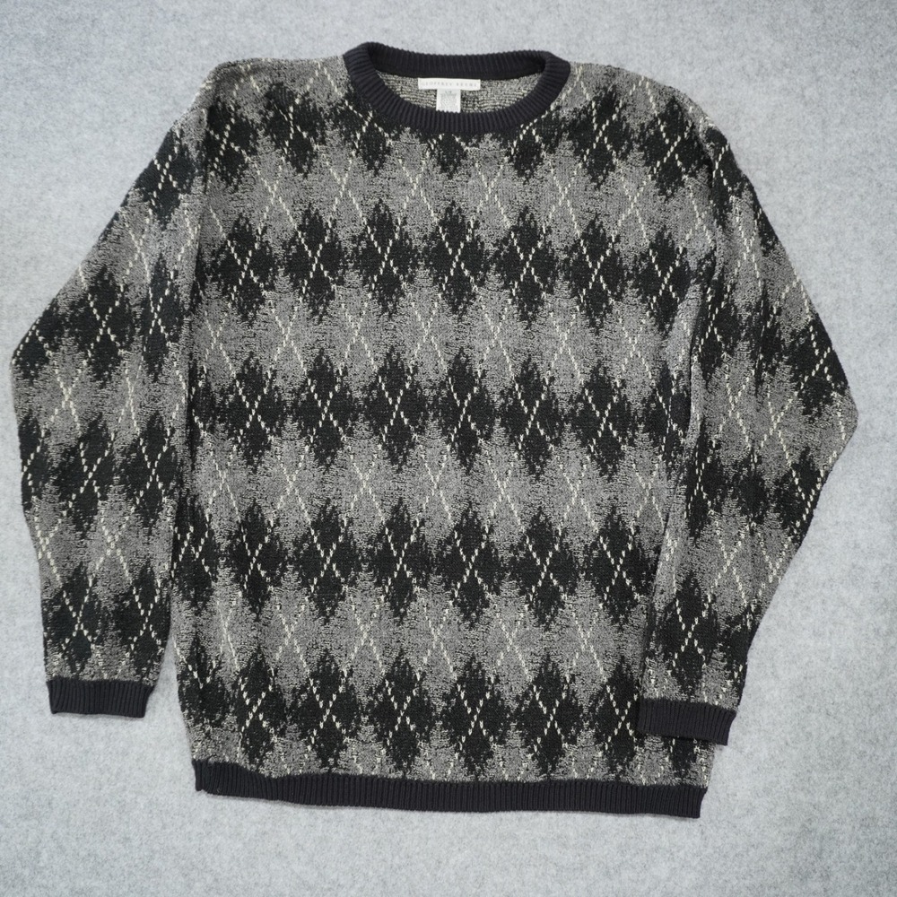 Vintage Eclectic Men's Size Large Sweater Grey Argyle Knit Crewneck Pullover